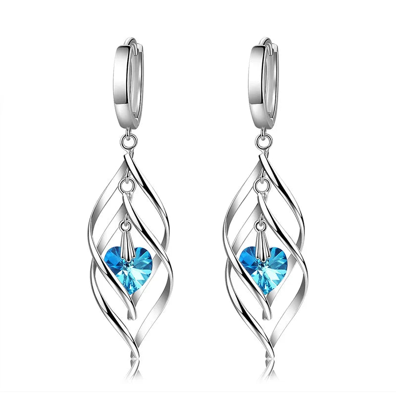 925 Silver Blue Crystal Drop Earrings | Hollow Long Dangle Earrings for Women additional angle