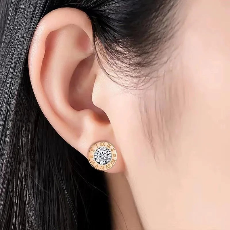 2Pcs 316 Stainless Steel Round Shine AAA CZ Diameter Roman Numeral Stud Earrings For Wom detail view