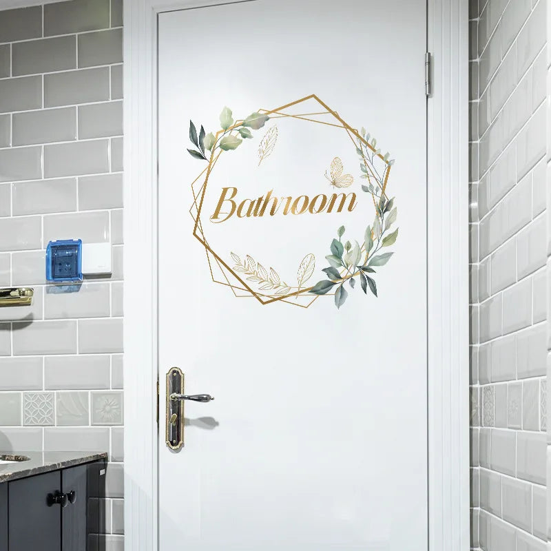 Green Plant Toilet Door Sticker Golden Letter Removable Self-adhesive Waterproof PVC lifestyle view