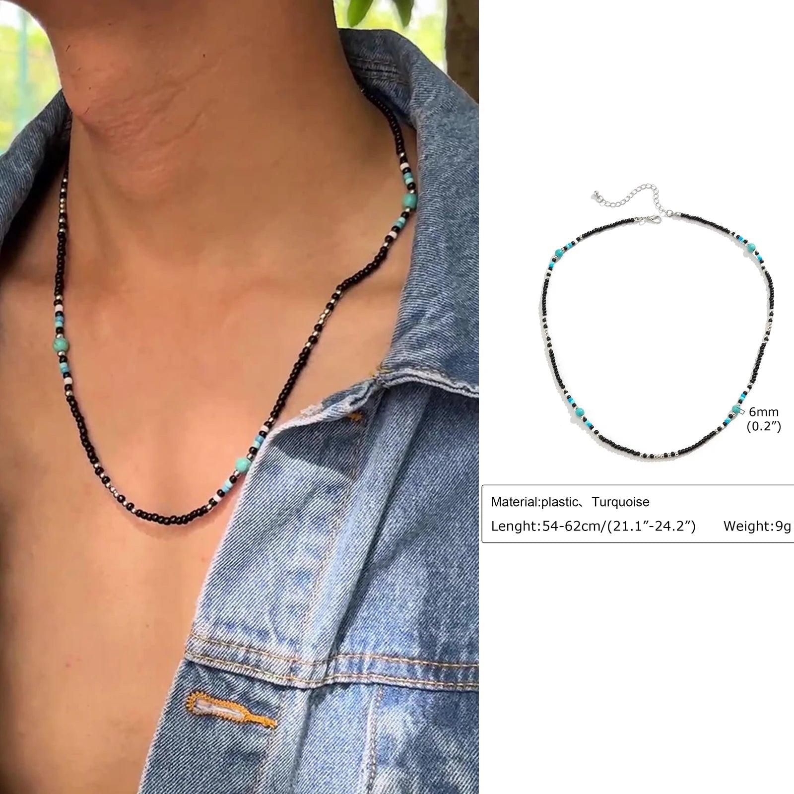 Synthetic Turquoise Necklace for Men | Natural Stone Mini Beads Summer Beach Bohemi additional angle
