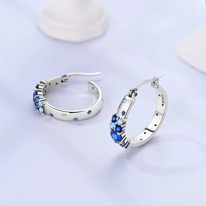 Original 925 Sterling Silver Blue Zirconium Butterfly Earrings Colored Hoop Earrings W close-up view