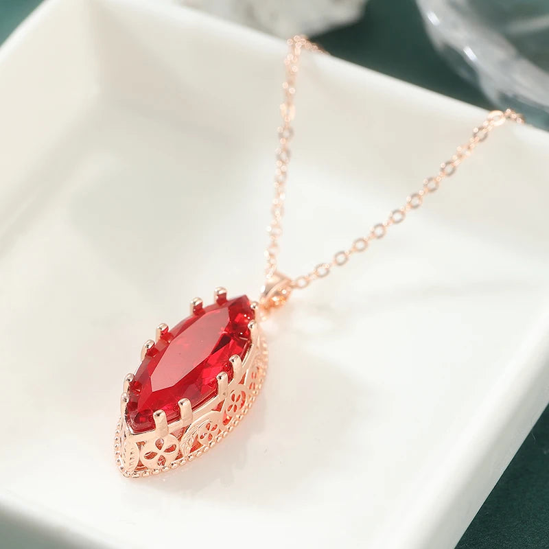 Elegant Luxury Inlaid Red Synthetic Zirconia Rose Golden Pendant Necklace for Women Fa close-up view