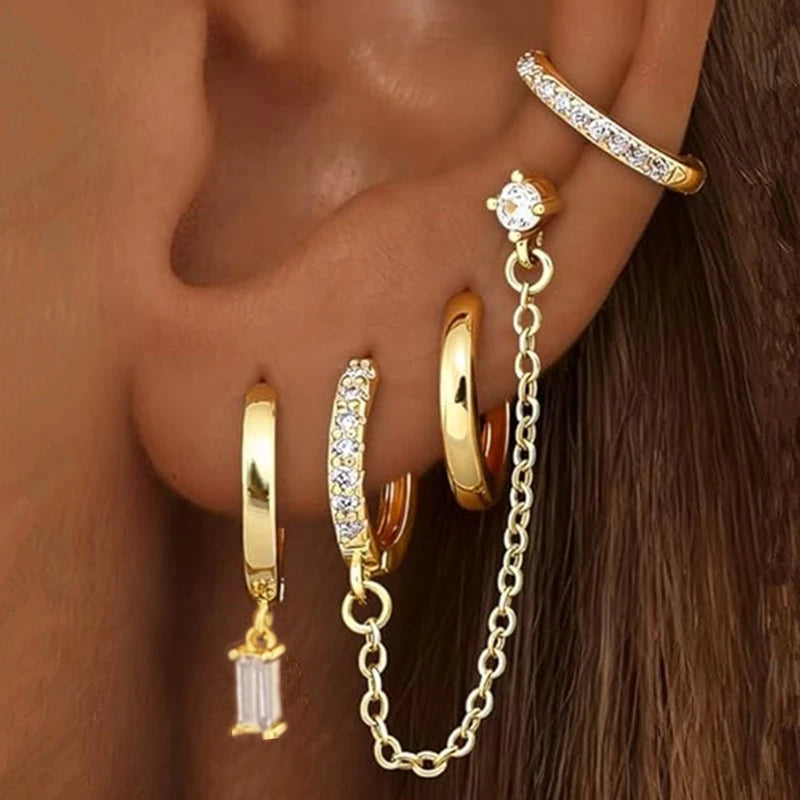 4PC Chain Huggie Earring Set | Flower Tragus Hoop Earrings for Women detail view