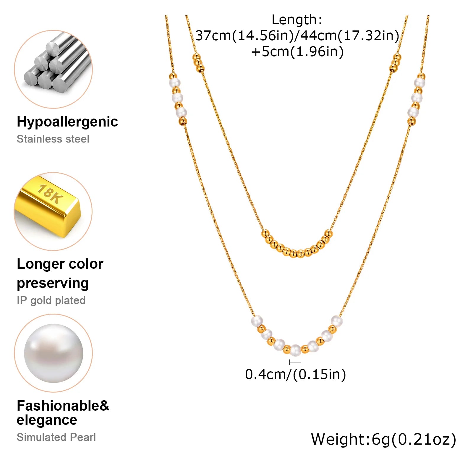 Trend Elegant Imitation Pearl Bead Double Layer Stacking Necklace for Women Stainless close-up view