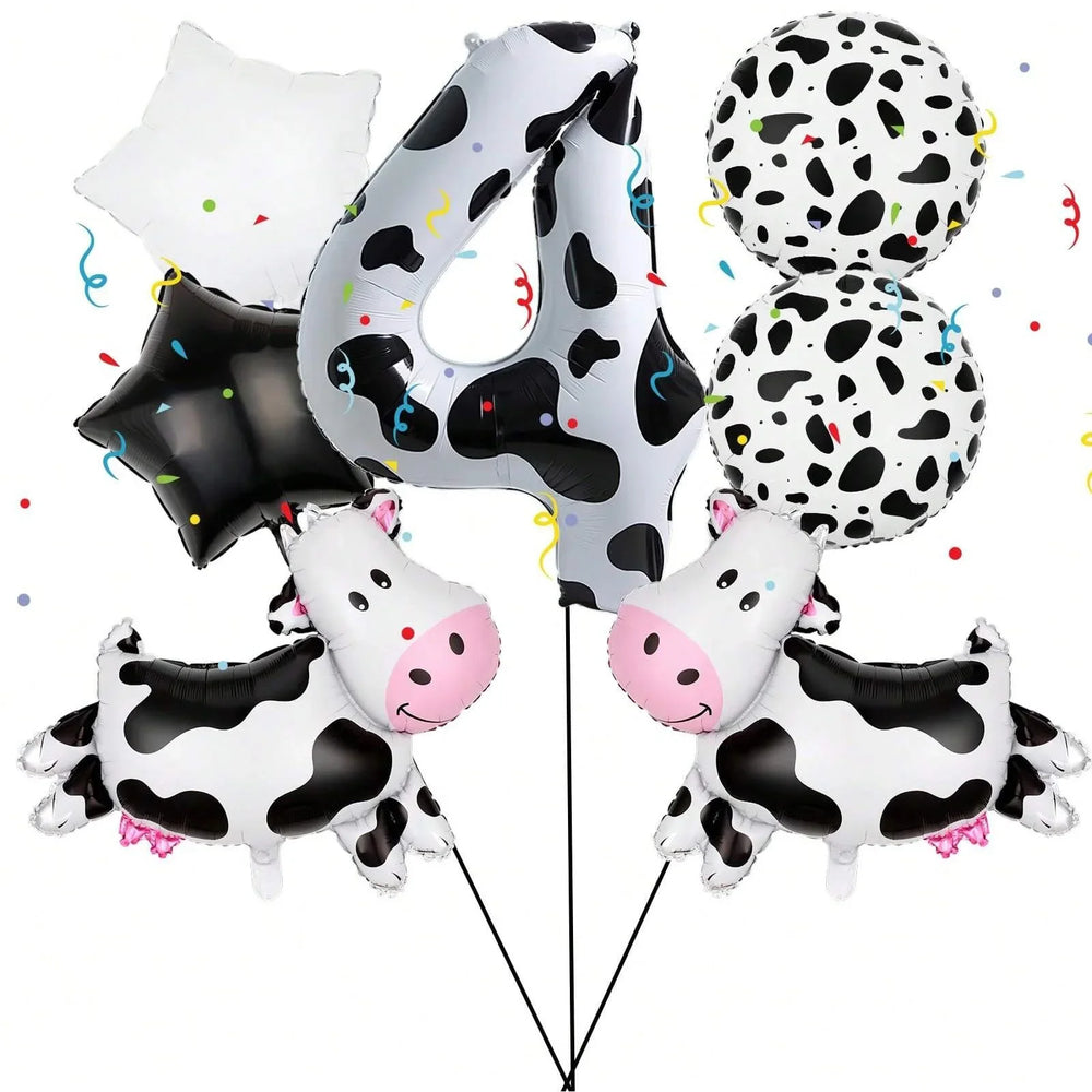 7pcs Cow Print Number Balloon Set | Farm Animal Birthday Party Decoration detail view