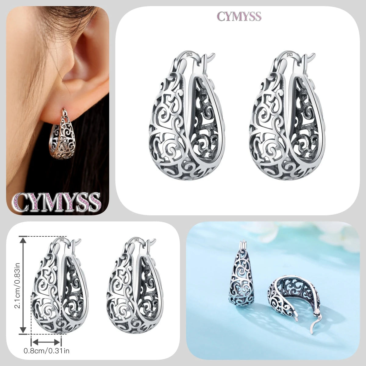 925 Sterling Silver Purple Flowers Plants Leaf Series Blue Iris Flower Earring Hoop E lifestyle view