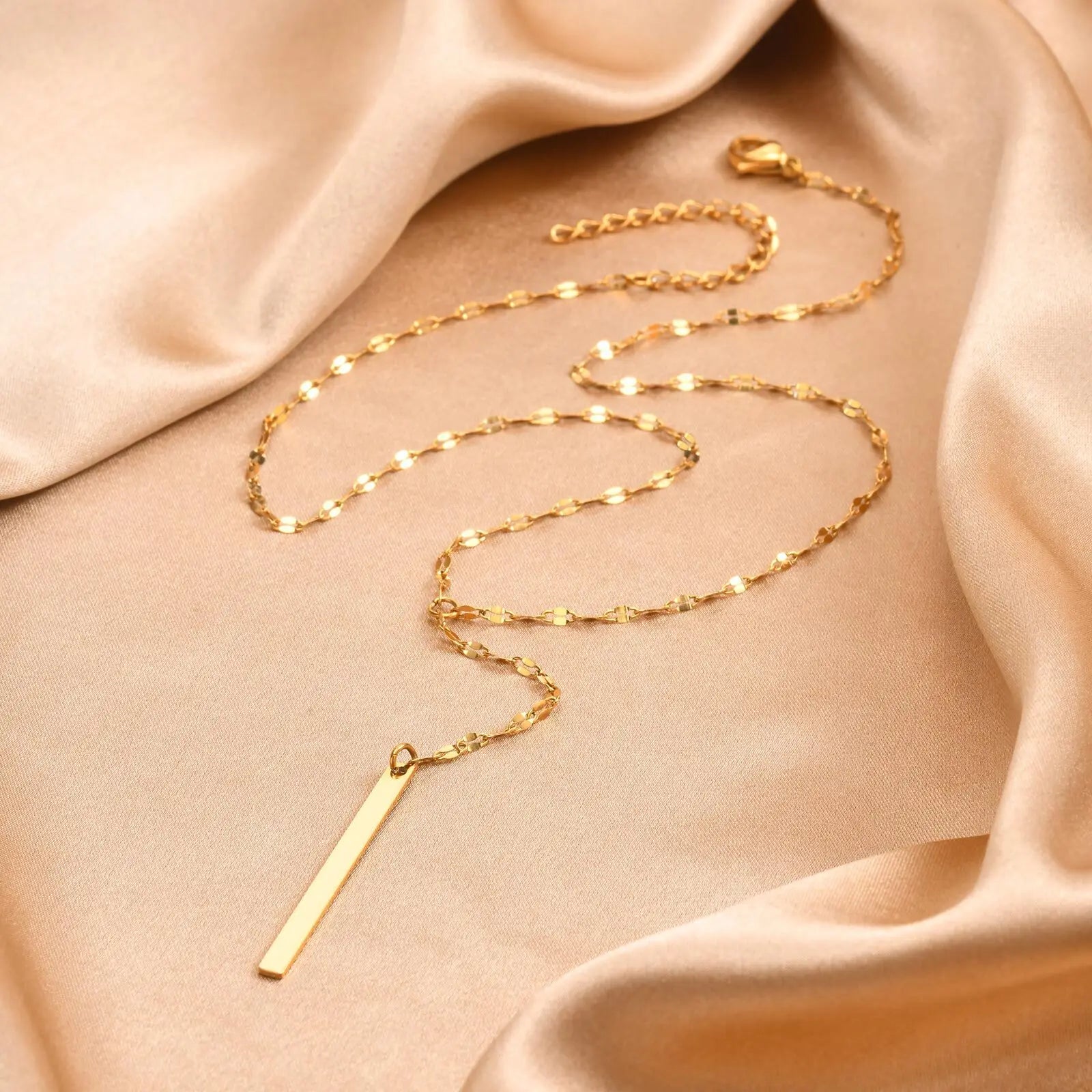 Drop Y Lariat Necklace with Bar Pendant, Stainless Steel Long Chain, Womens Necklac additional angle