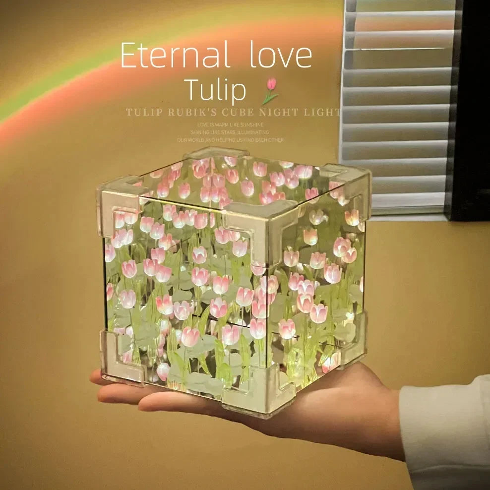 DIY Tulip Mirror Cube Lamp | Handmade Craft Night Light for Bedroom lifestyle view