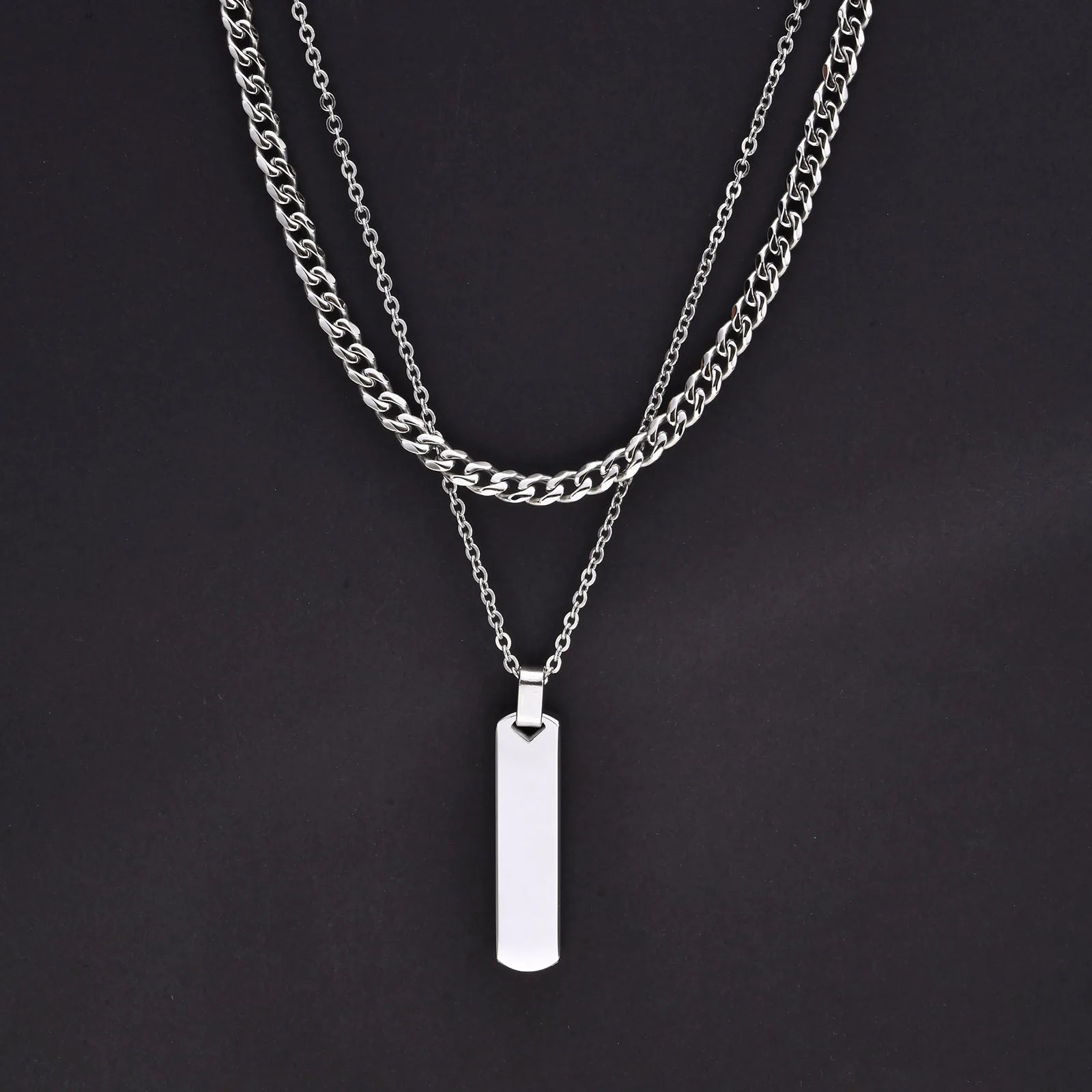 2pcs Vertical Layer Necklaces for Men Boys,Wateproof Stainless Steel Cuban Chain Colla close-up view