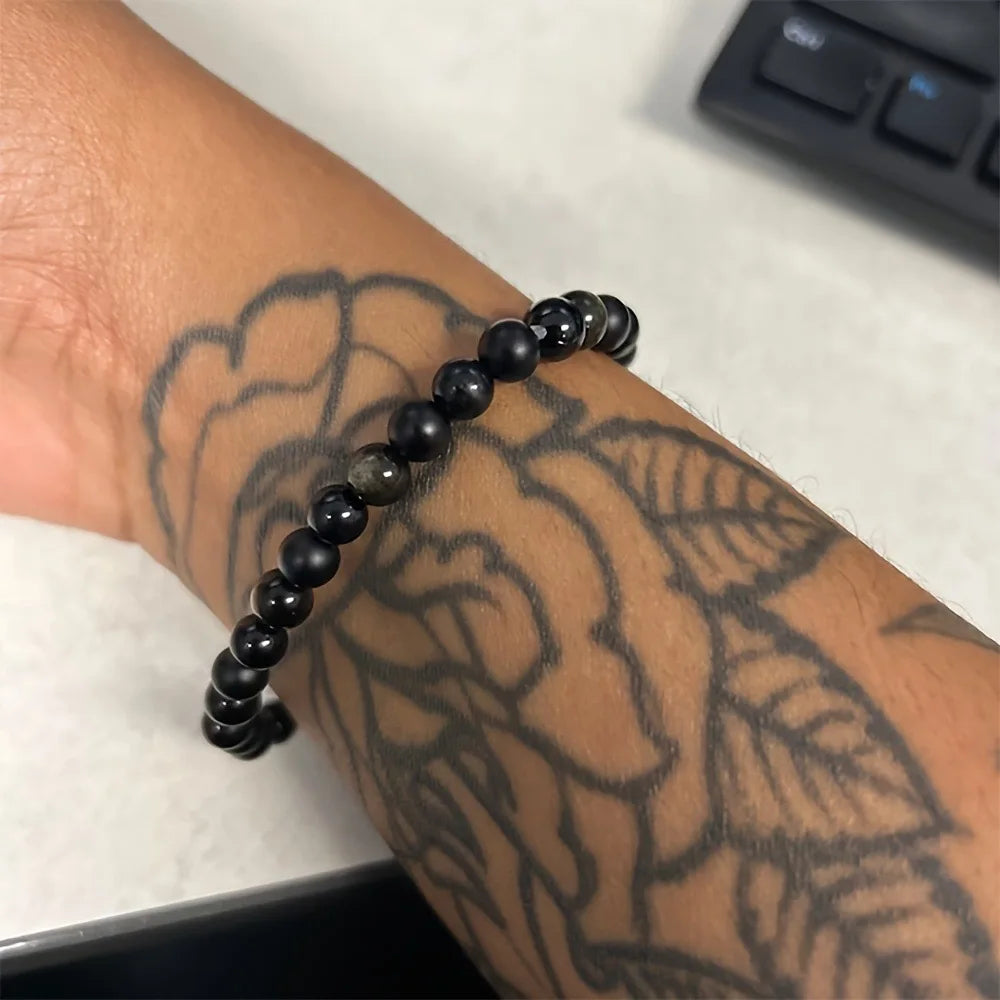 Triple Protection Bracelet | Black Natural Stone with Golden Obsidian detail view