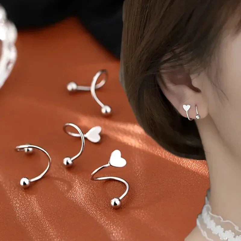 2pcs Stainless Steel Spiral Twisted Stud Earrings | Heart and Star Cartilage Jewelry Set detail view