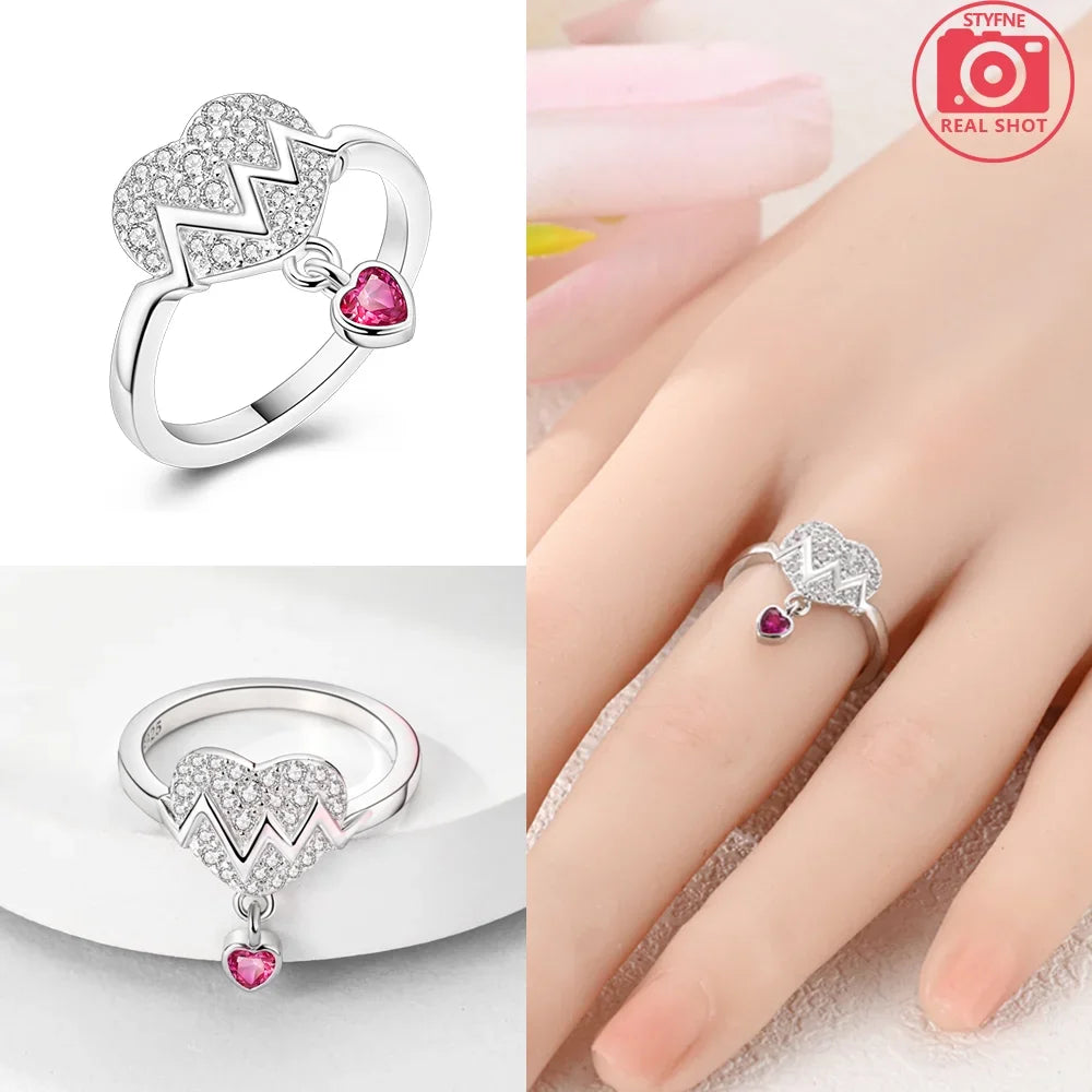 Original Romantic Heart-shaped White Zircon Shell Bowknot Rings 925 Sterling Silver W lifestyle view