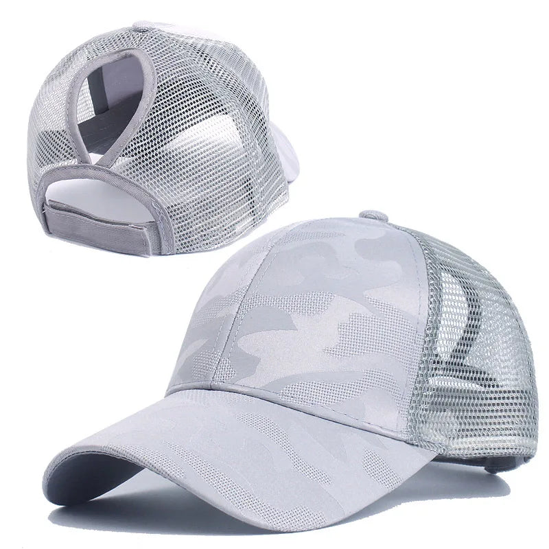Camouflage Mesh Trucker Hat for Women | Snapback Cap with Ponytail Hole close-up view