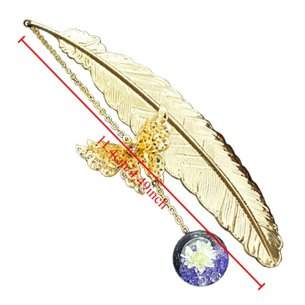 1Pcs Metal Feather Bookmark with Dried Flower Butterfly Boxed ,Teacher's Day Gift, Stu close-up view