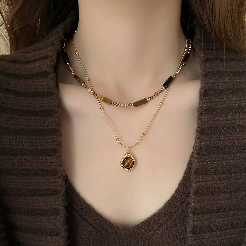 Retro Temperament Layered Tiger Eye Stone Pendant Necklace For Women Stainless Steel alternate view