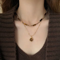 Retro Temperament Layered Tiger Eye Stone Pendant Necklace For Women Stainless Steel alternate view