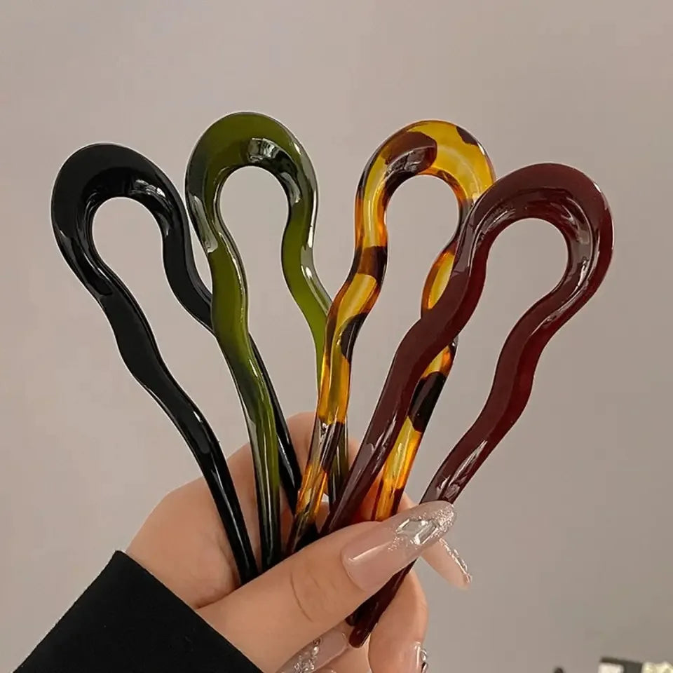 U-Shaped French Twist Hair Stick Hair Clip Plastic Wavy Hairpins Vintage Green Tortoise Women Hair S