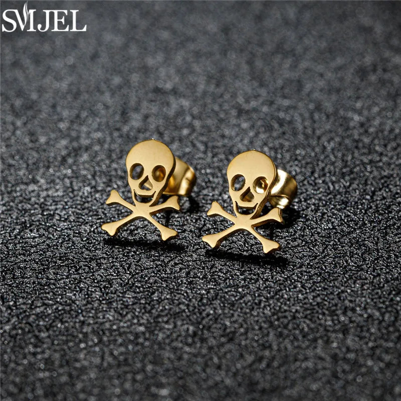 Punk Halloween Earring Black Stainless Steel Ghost Pirate Skull Stud Earrings Women Me close-up view