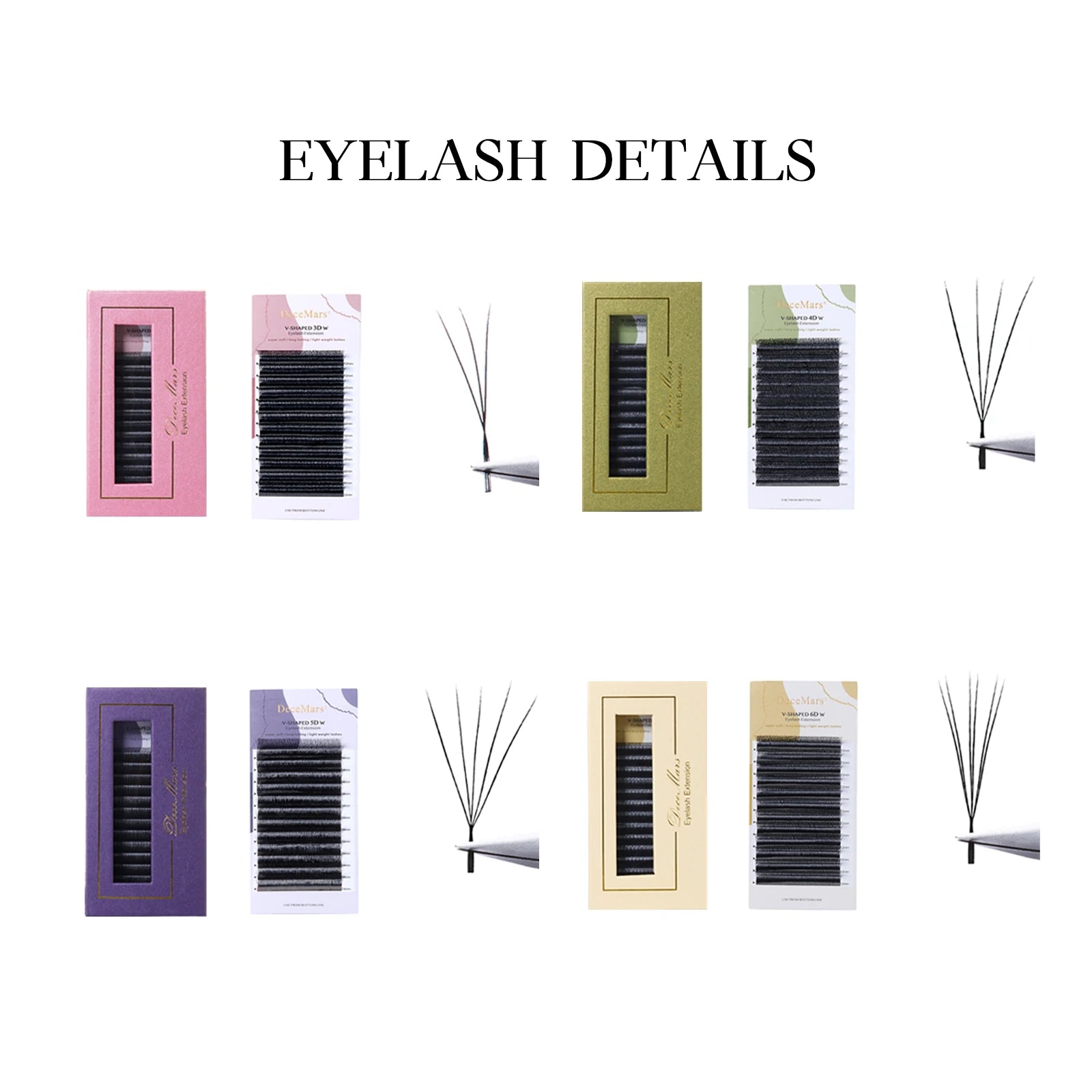 DeceMars V-shaped 3D 4D 5D 6D Eyelash Extensions | Matte Black 12 Rows Tray detail view
