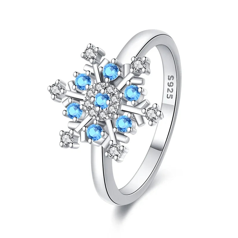 Women Ring 925 Sterling Silver Blue Zircon Snowflake Ring Winter Christmas Wedding Pa alternate view