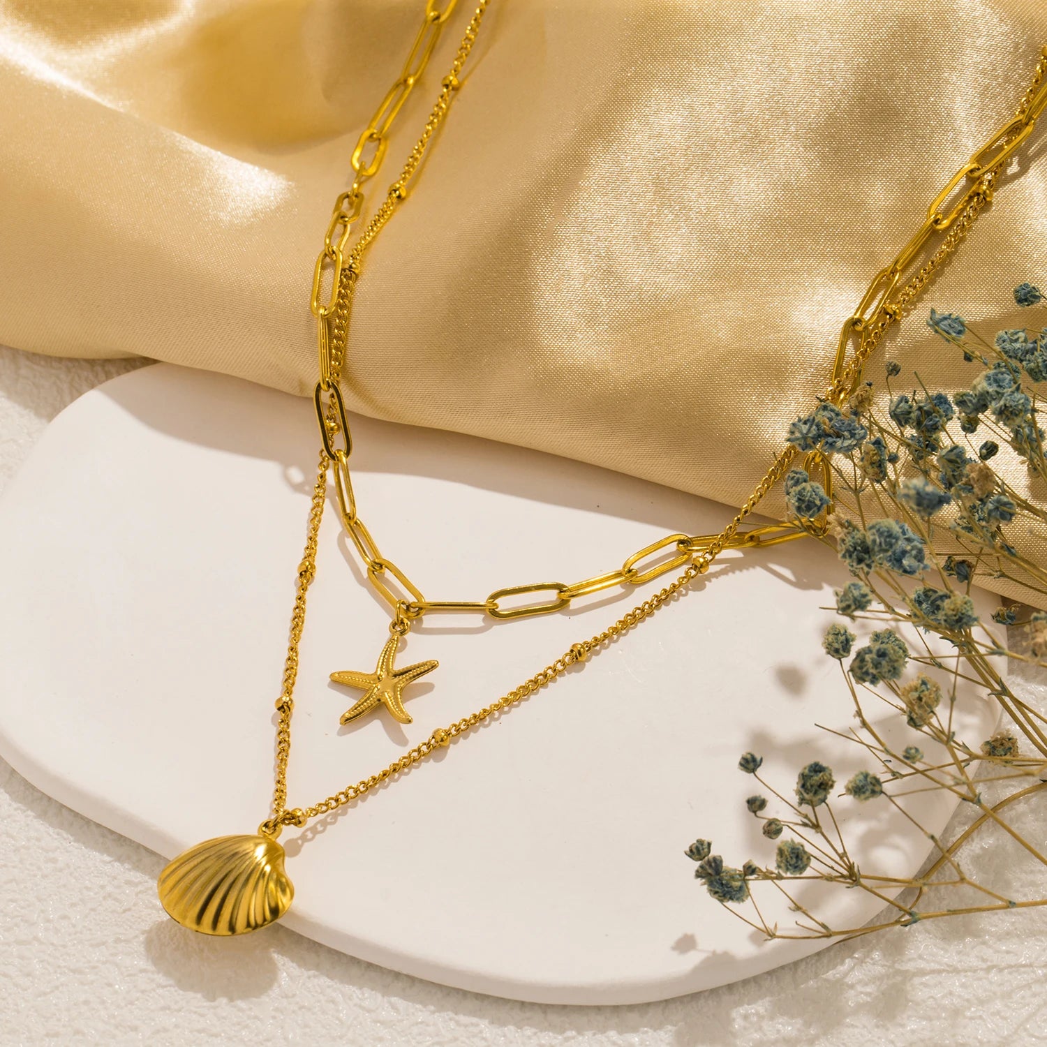 Double Layer Seashell Necklace | Summer Beach Jewelry for Women close-up view