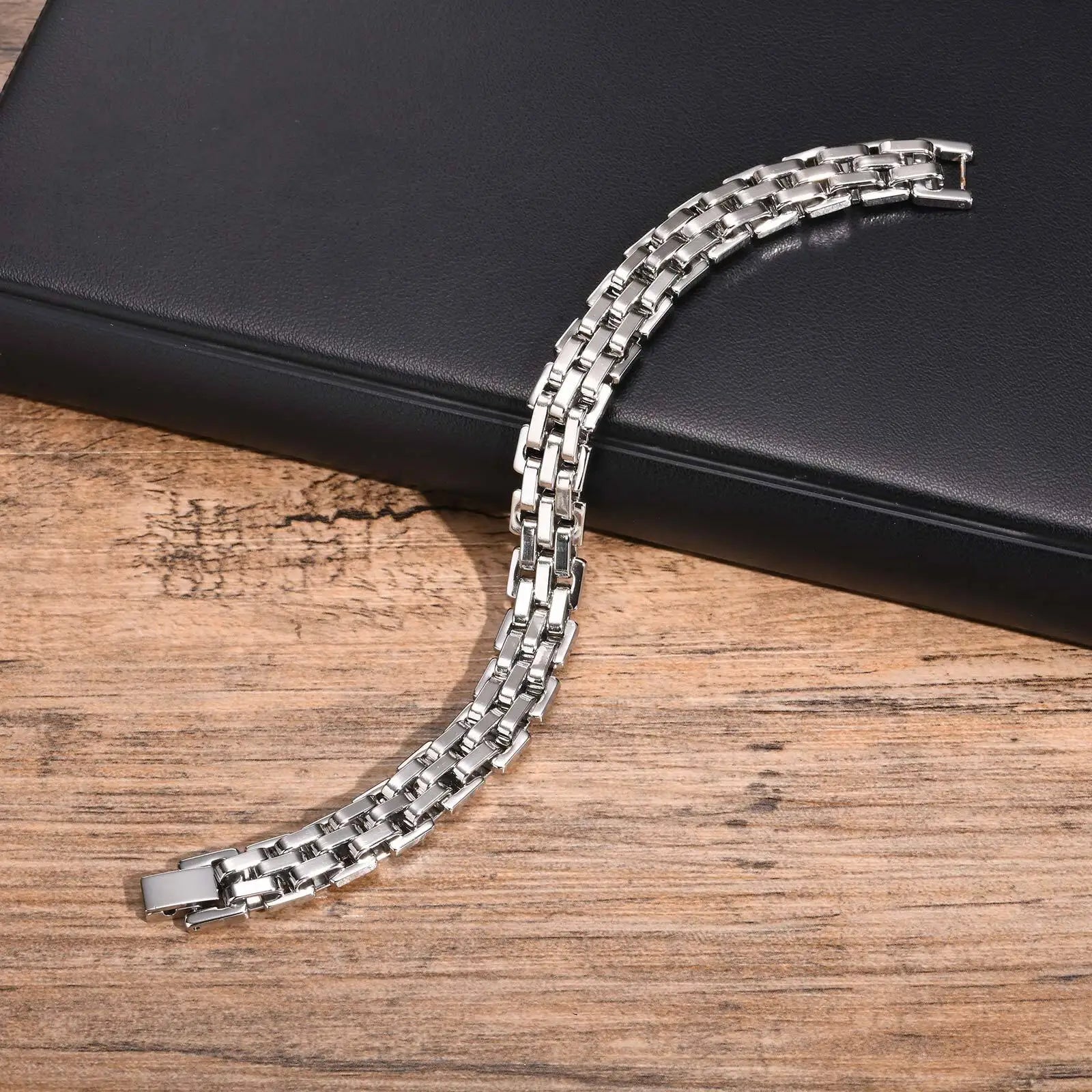 Chunky Stainless Steel Bracelet for Men | Silver Chain Link Watch Band lifestyle view