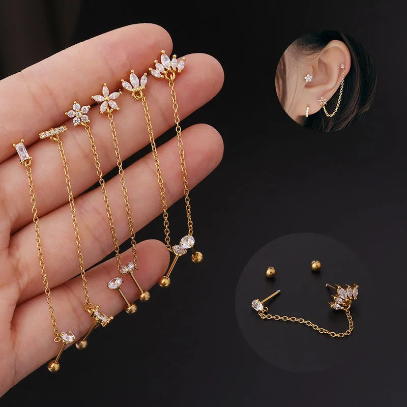 3PCS Stainless Steel Zircon Flower Star Ear Stud Earrings Set 14K Gold Plated Chain Cart detail view