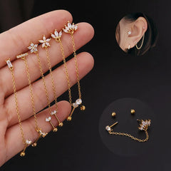 3PCS Stainless Steel Zircon Flower Star Ear Stud Earrings Set 14K Gold Plated Chain Cart detail view