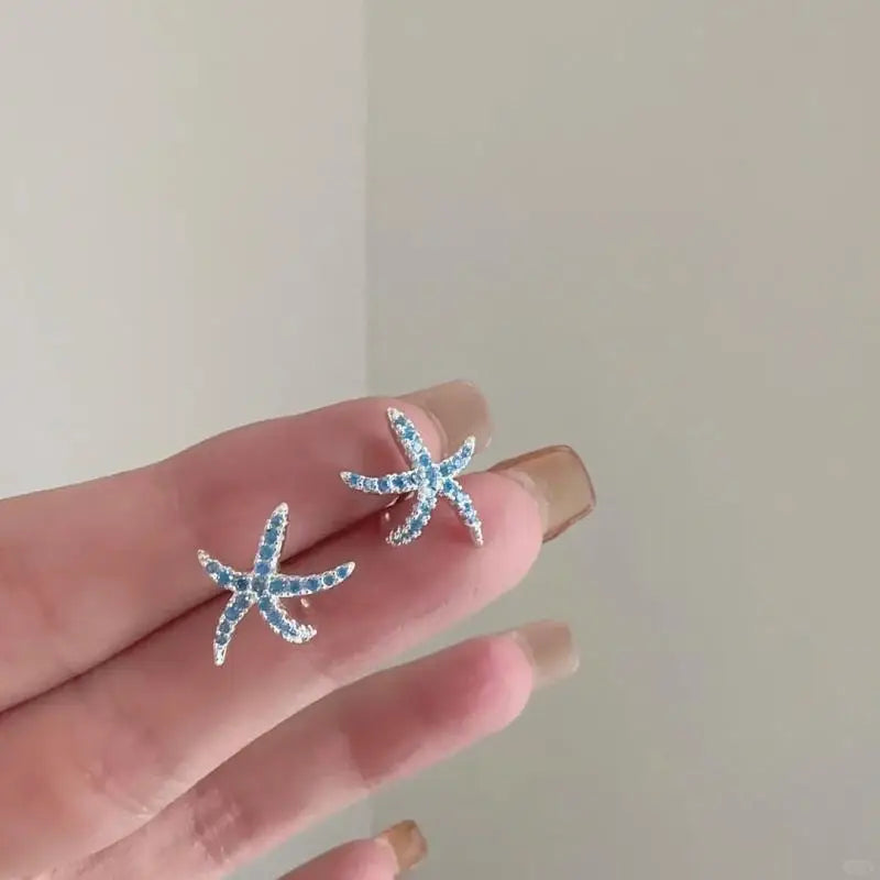 1Pair Fashionable Summer Blue Full Diamond Starfish Ear Studs Sweet Small Stud Earr additional angle