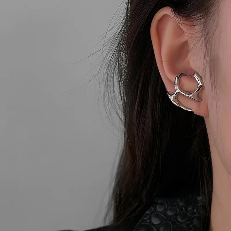 Y2K Irregular Liquid Earrings for Women Silver Color Hip-Hop Punk Fashion Geometric Earring Clip Girl 2024 Trendy Party Jewelry