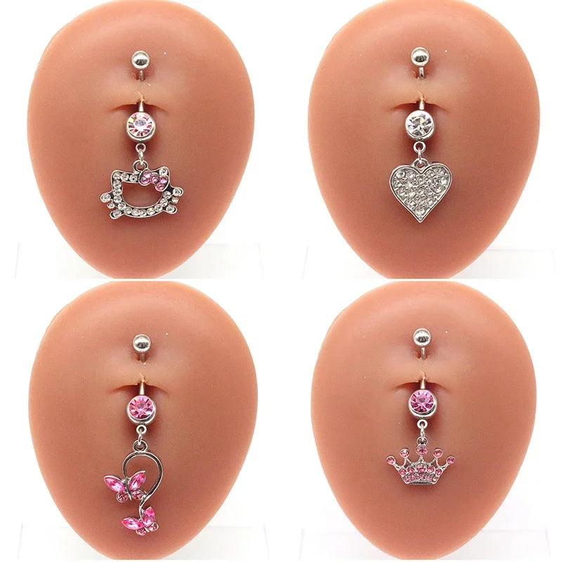 Sweet Butterfly Crown Heart Drop Belly Button Pink White Crystal Stone Hellokitty Dangle Navel Butto