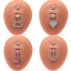 Sweet Butterfly Crown Heart Drop Belly Button Pink White Crystal Stone Hellokitty Dangle Navel Butto