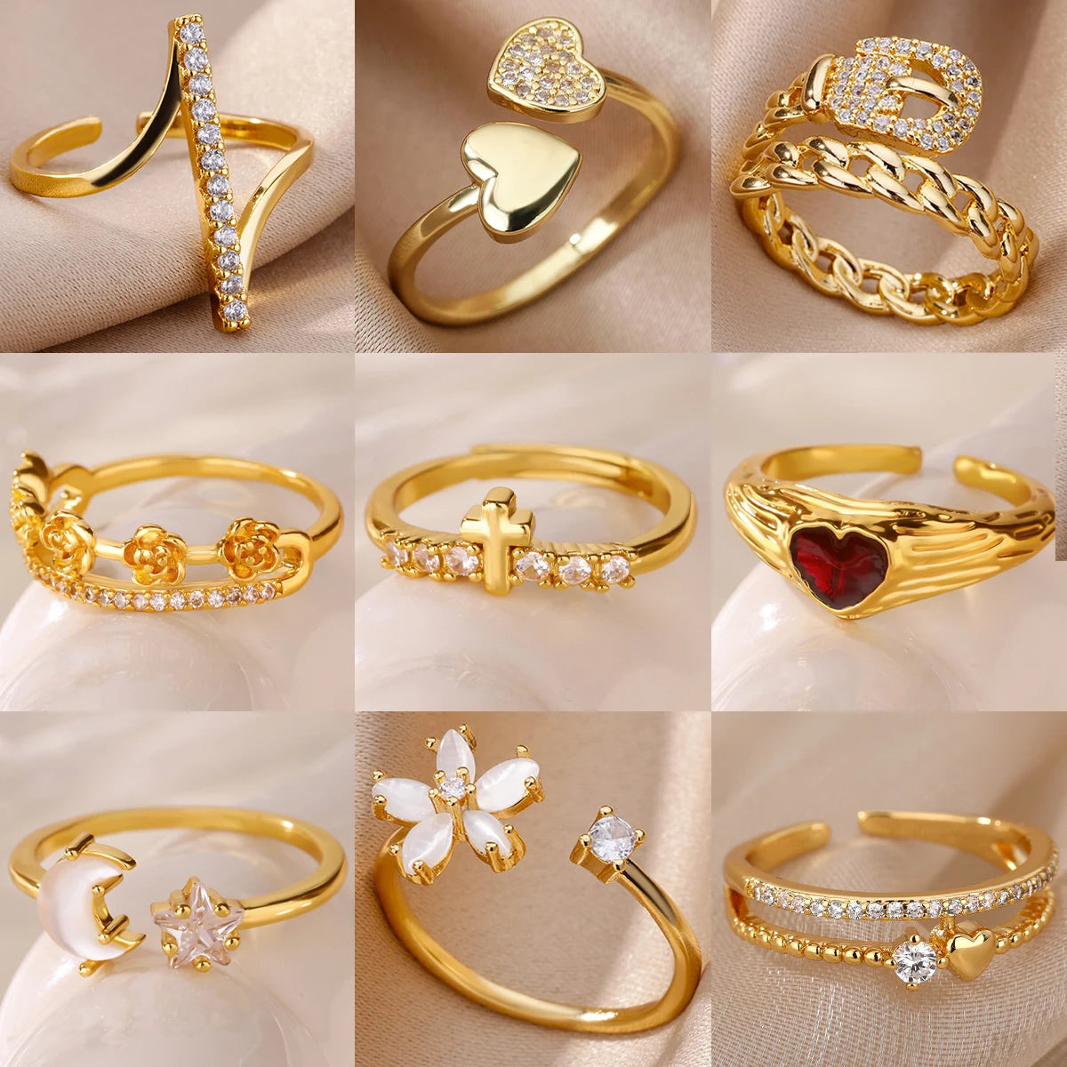 Stainless Steel Cross Flower Heart Ring 18K Gold-plated Anti Fading Rings Women Wedding Golden Jewelry Vacation Accessories Gift