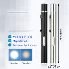 Rechargeable LED Medical Pen Light | Dual Color Temperature Stainless Steel Flashlight close-up view