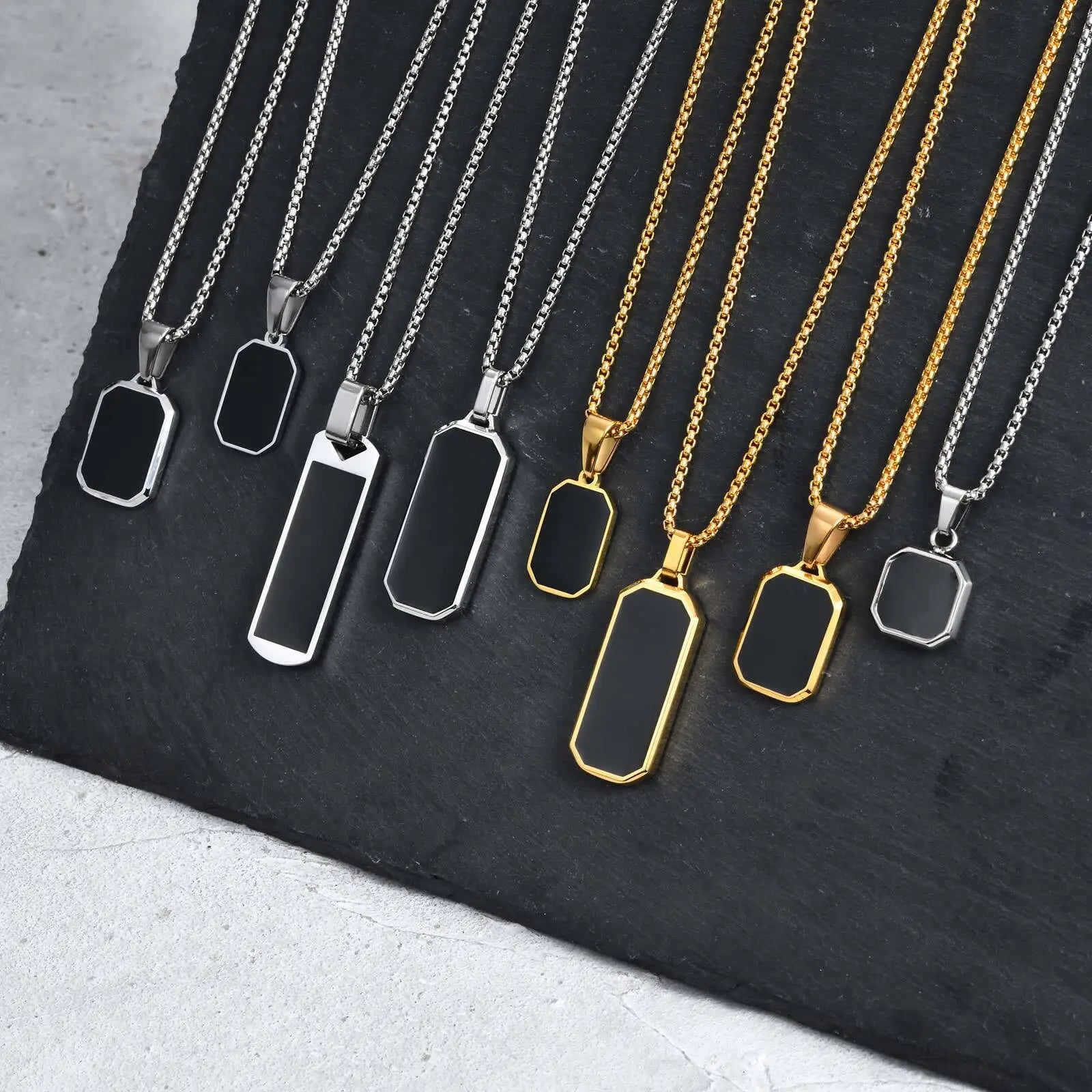 Men's Geometric Square Necklace | Black Enamel Rectangle Pendant with Rope Chain alternate view
