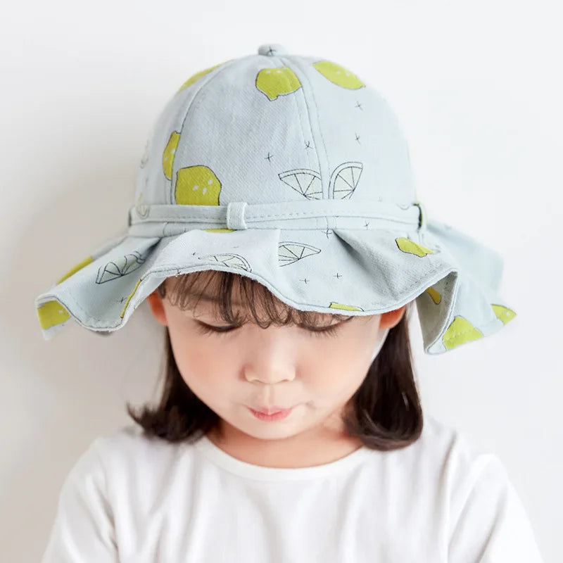 Sweet Baby Summer Hat for Girls | Cotton Fruit Print Kids Bucket Hat with Bowknot close-up view