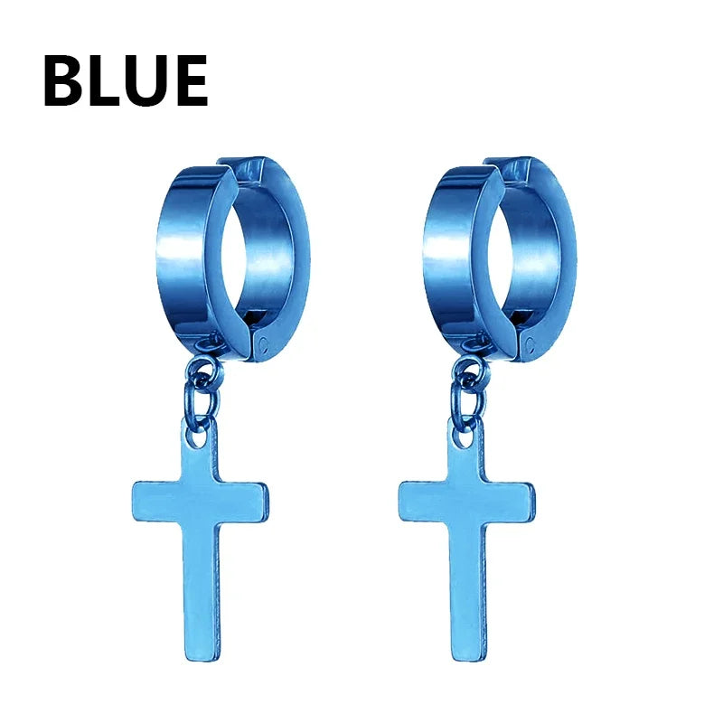 Stainless Steel Clip On Cross Earrings | Non Piercing Gothic Punk Jewelry for Men Wome close-up view