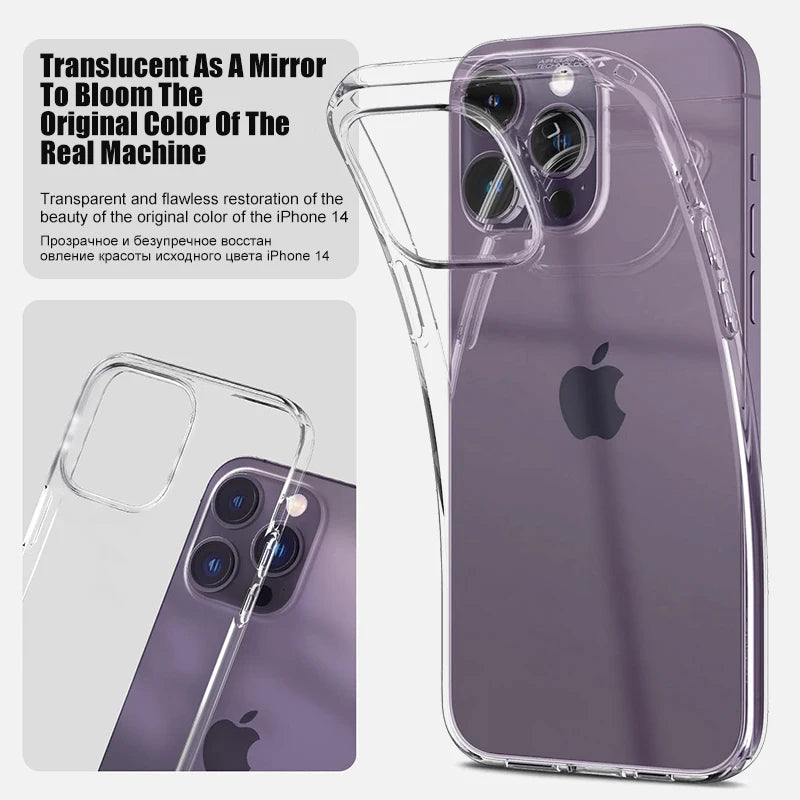 Luxury Clear Silicone Phone Case For iPhone 16 15 14 13 12 11 Pro Max XR X XS 7 8 Plus close-up view
