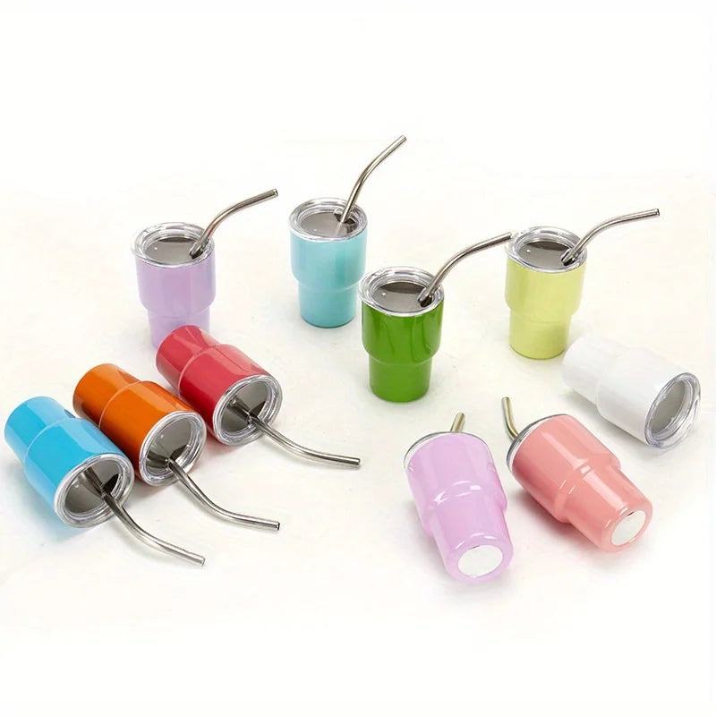 1pc60ml/2oz Durable Stainless Steel Mini Cups – Portable & Leak-Proof with Straw – Ideal detail view