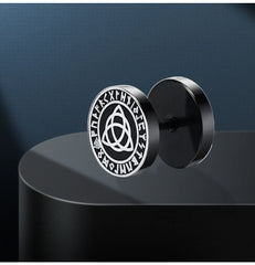 Gothic Norse Viking Runes Stud Earrings for Men Boys,Rock Punk Stainless Steel Valknut close-up view