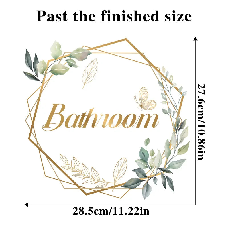 Green Plant Toilet Door Sticker Golden Letter Removable Self-adhesive Waterproof PV additional angle