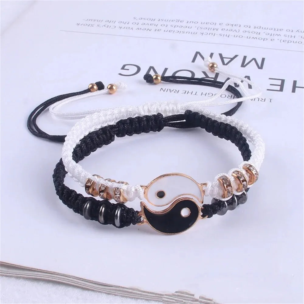 2 PC Jewelry Set Couple Black White Tai Chi Bracelet Rope Adjustable Chain Set Simple alternate view