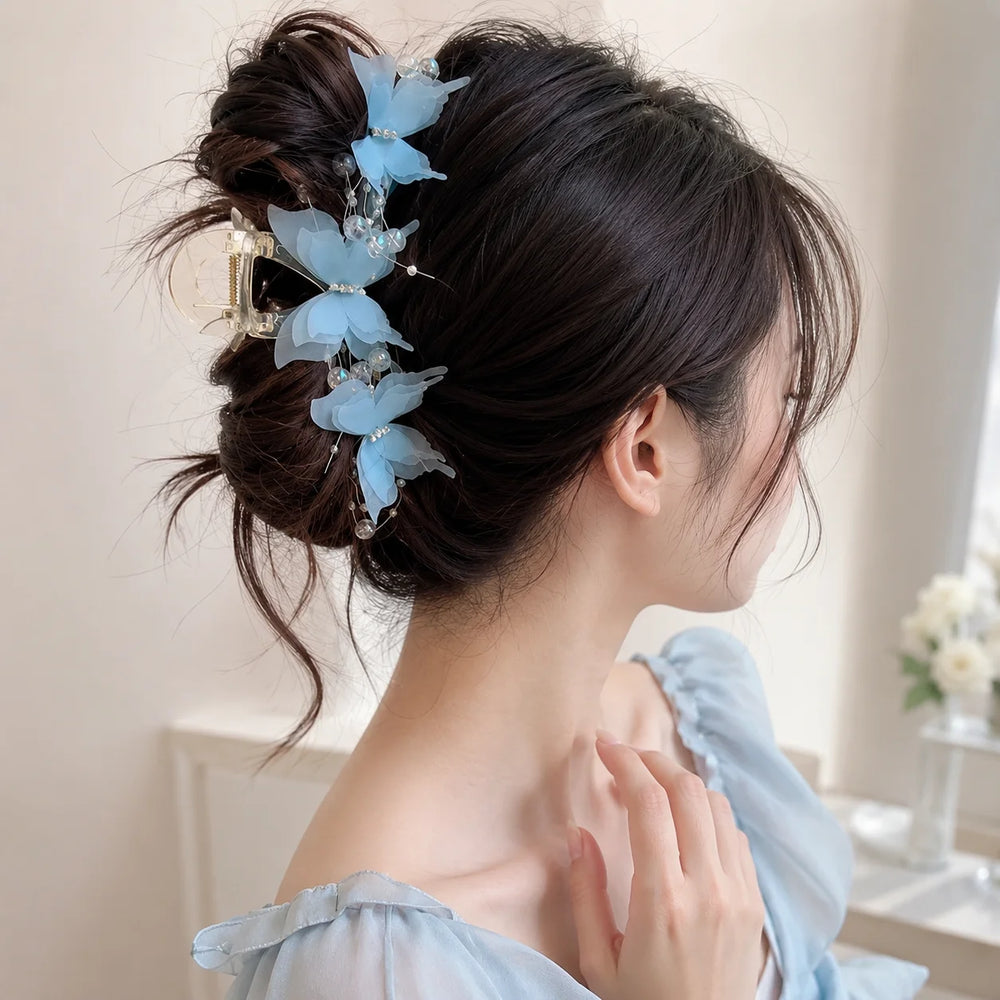 Sheer Butterfly Hair Claw Clip Women Korean Style Pearl Rhinestone Fairycore Hair G additional angle