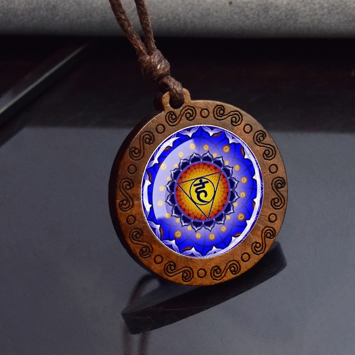7Chakra Symbol Necklace Yoga Meditation Glass Dome Vintage Wooden Pendant Rope Chains Ne detail view