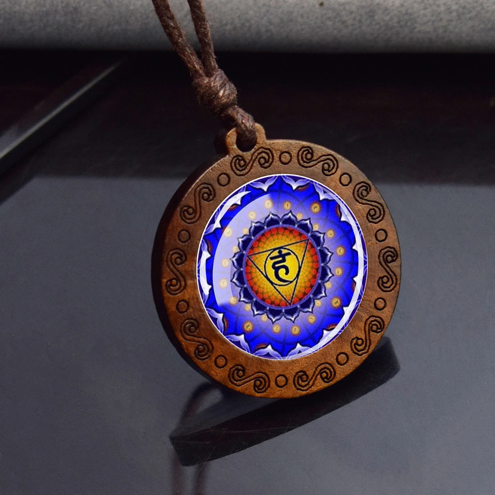 7Chakra Symbol Necklace Yoga Meditation Glass Dome Vintage Wooden Pendant Rope Chains Ne detail view