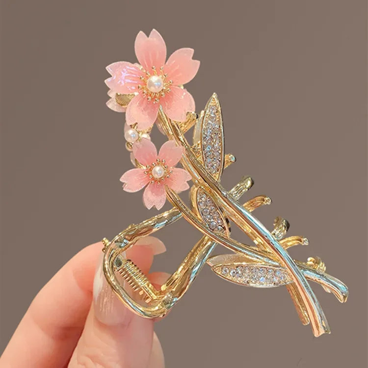 Shiny Rhinestone Pearl Sakura Hair Clip Women's Back of Head Flower Hair Claw Elegant La detail view