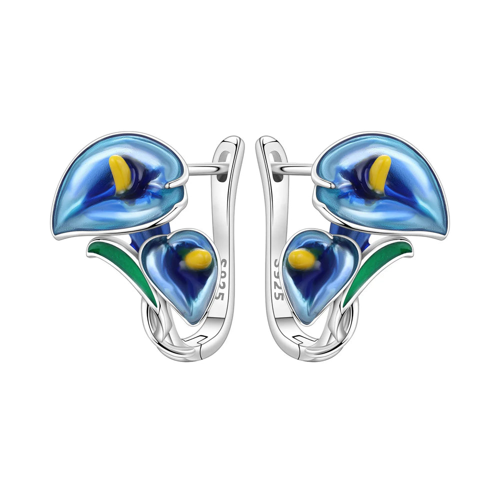 Orstarry Original 925 Sterling Silver Blue Iris Flower Earrings Women Hoop Earring Ann close-up view