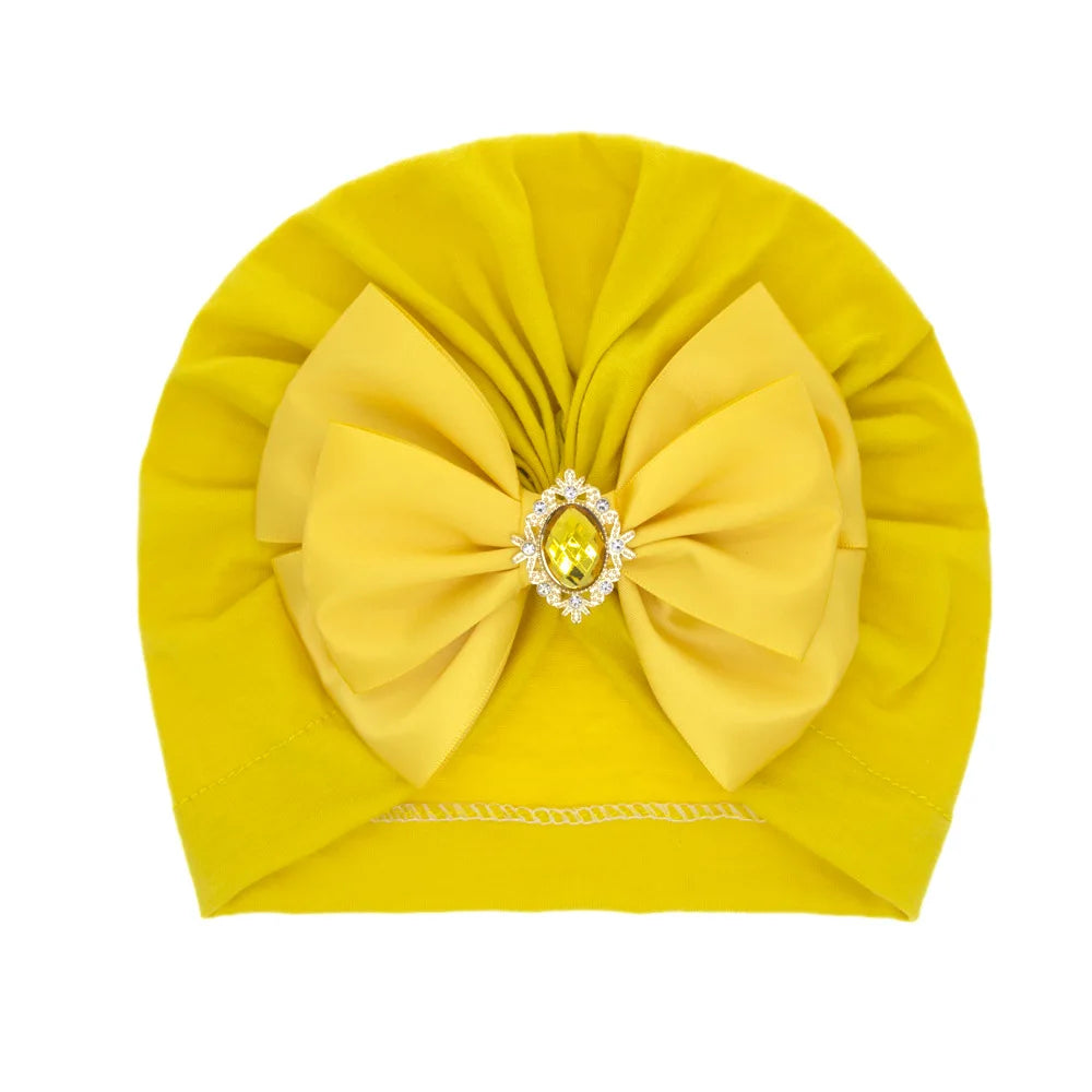 Solid Color Baby Turban Bow Beanie with Rhinestone | Handmade Infant Cap for Girls 0- lifestyle view