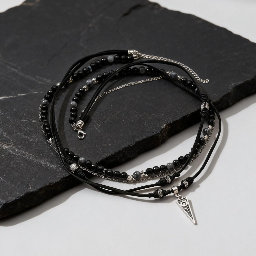 Multi-Layer Black Leather Necklace | Rock Punk Geometric Pendant for Men lifestyle view