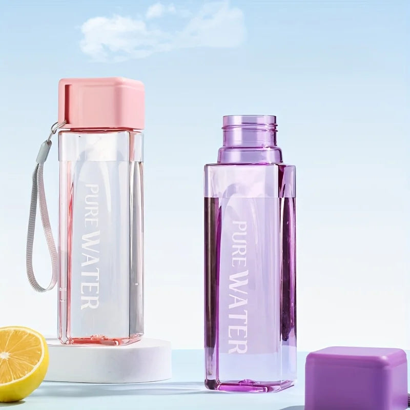 minimalist square plastic water cup, leak proof, with drawstring and lid, portable sports cup, perfe